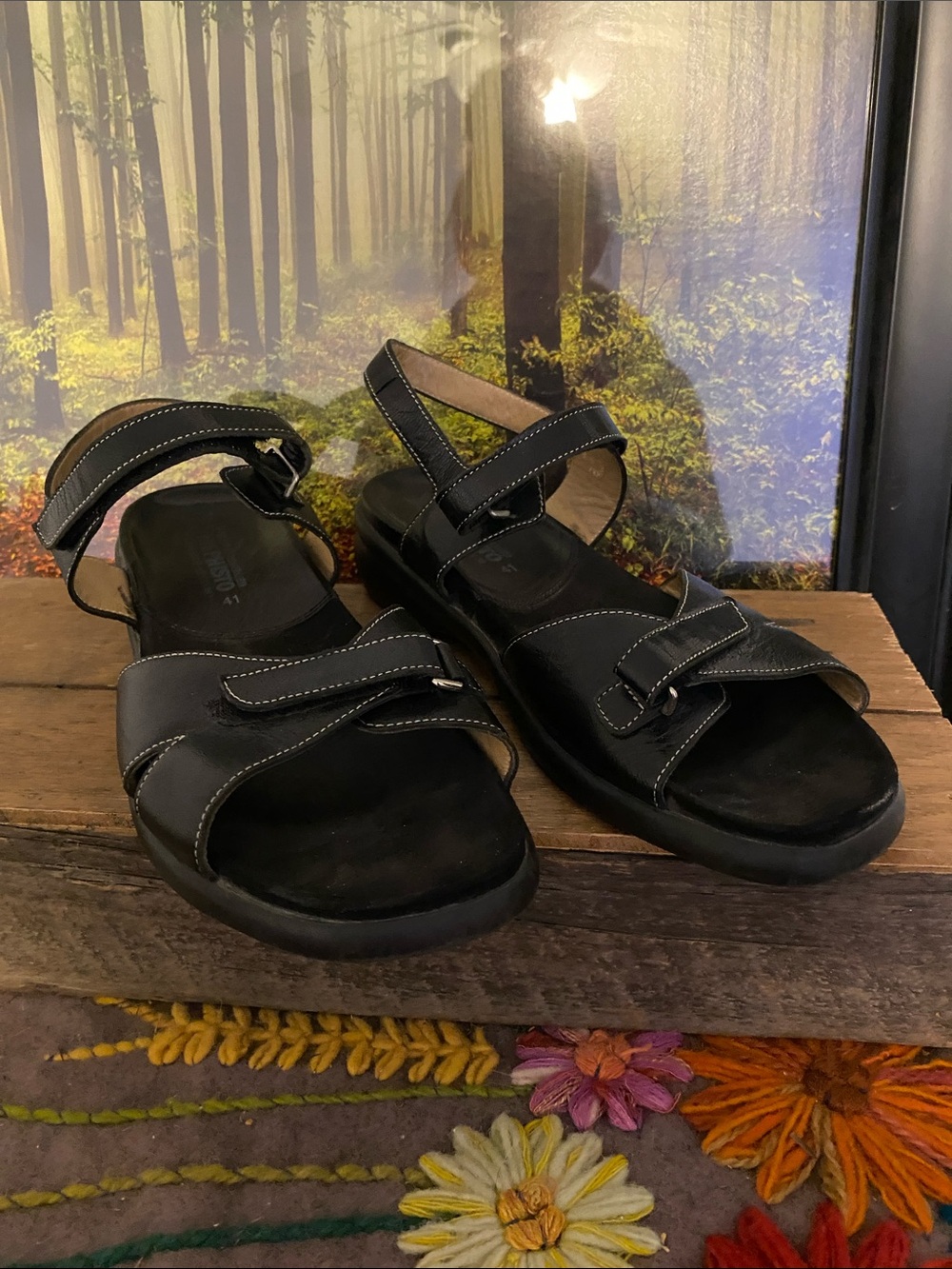 Mephisto Black Leather Adjustable Strap Sandals, minimal wear